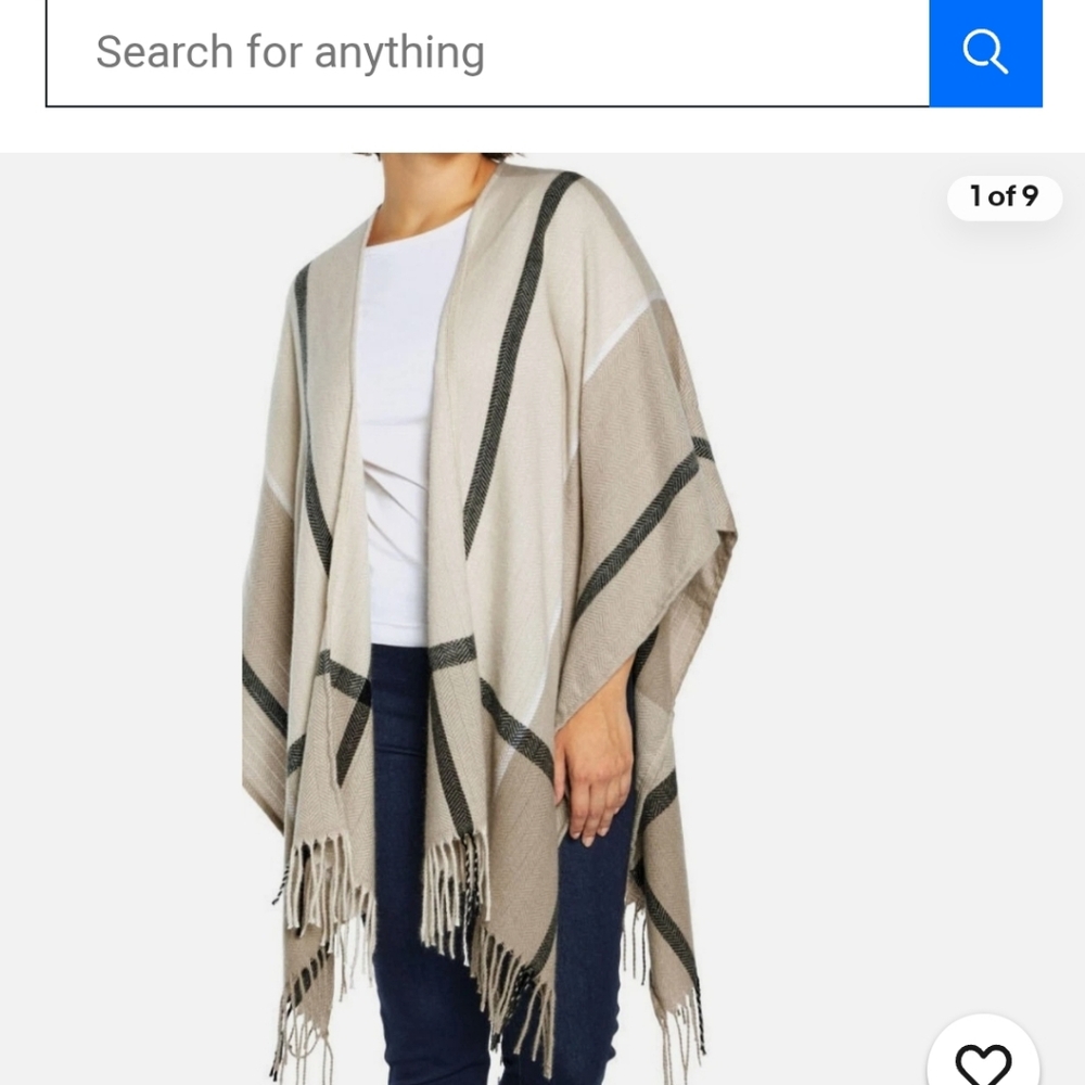 Three‎ Dots Women Miranda Plaid Neutral Size One Cashmere Blend Poncho Cream